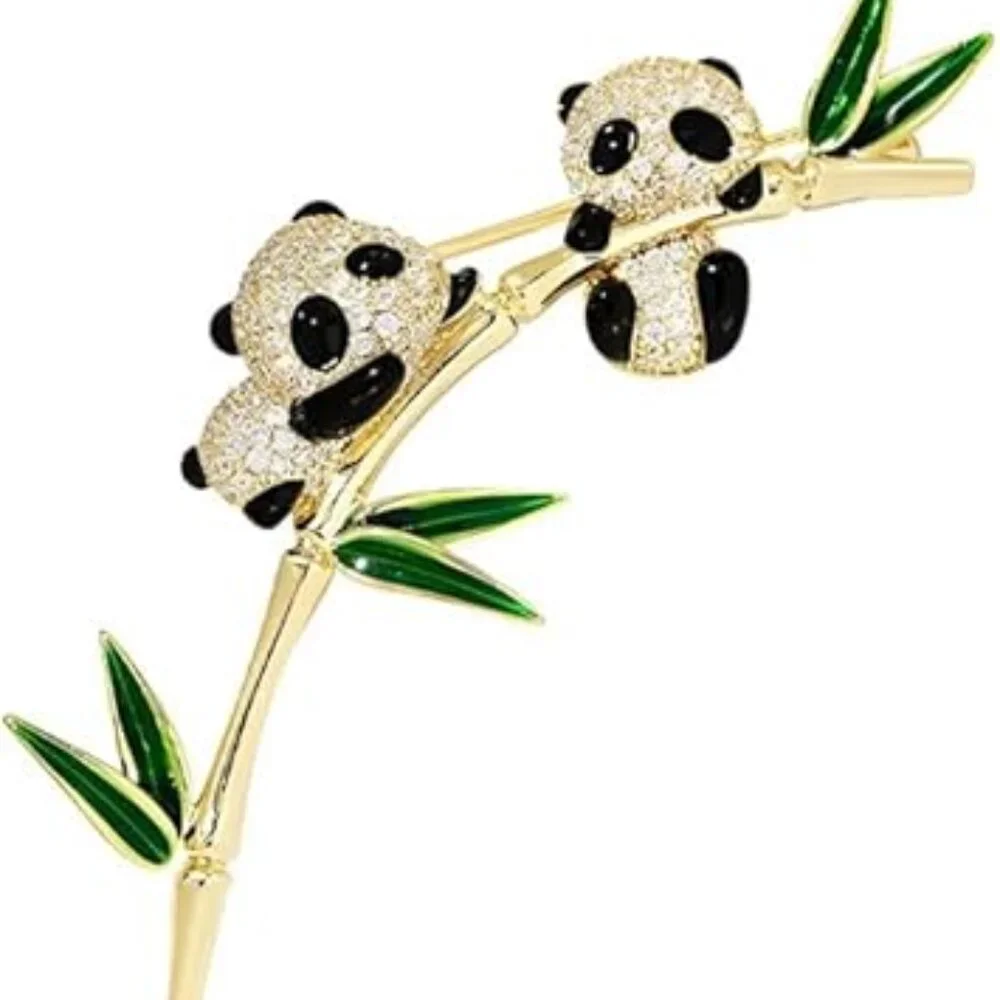 Cute Panda Bears Brooch Pin with Rhinestones‎ on Bamboo Tree Brand New !!